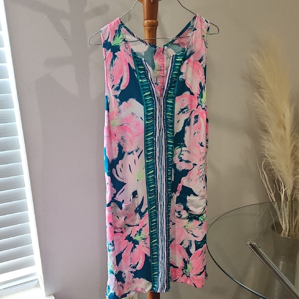 Lilly Pulitzer Floral Sleeveless Dress in Pink Blue Green With Pockets Back Zip